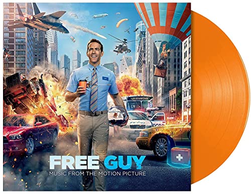 Free Guy" soundtrack album cover with orange vinyl record beside it.
