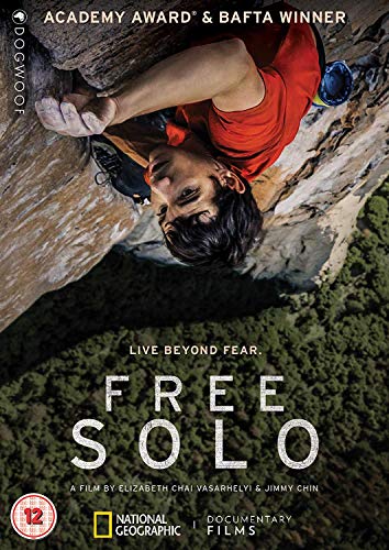 Alex Honnold rock climbing, DVD cover for documentary “Free Solo”.