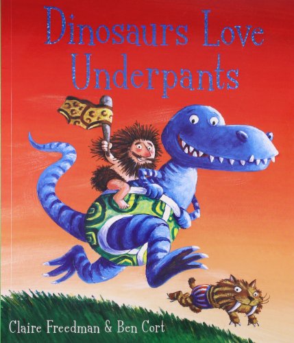 Blue dinosaur with a small caveman riding, wearing colorful underpants.
