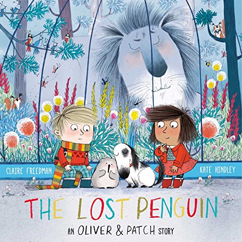 A boy, a girl, a small penguin, and a dog stand before a large lion.