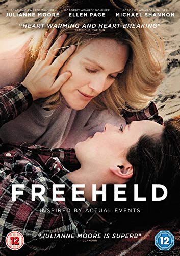 "Freeheld DVD cover featuring two women embracing, with title and age rating displayed."