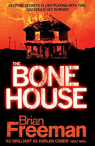 Book cover: burning house silhouette with large white text "The Bone House".