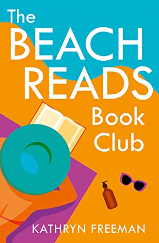 Book cover with beach items: sunglasses, sunscreen, towel, and open book.