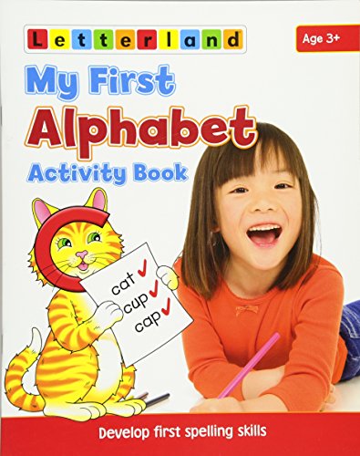 Children’s alphabet activity book cover with a smiling girl and cartoon cat.