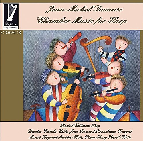 CD cover with cartoon musicians playing various instruments, including a harp, on a blue background.