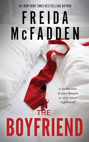 Book cover: "The Boyfriend" with a red tie and rumpled white bedding.