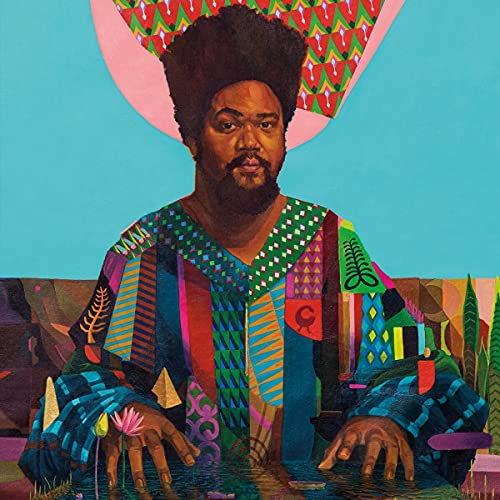 Painting of Amaro Freitas with an afro wearing a colorful patterned shirt over water.