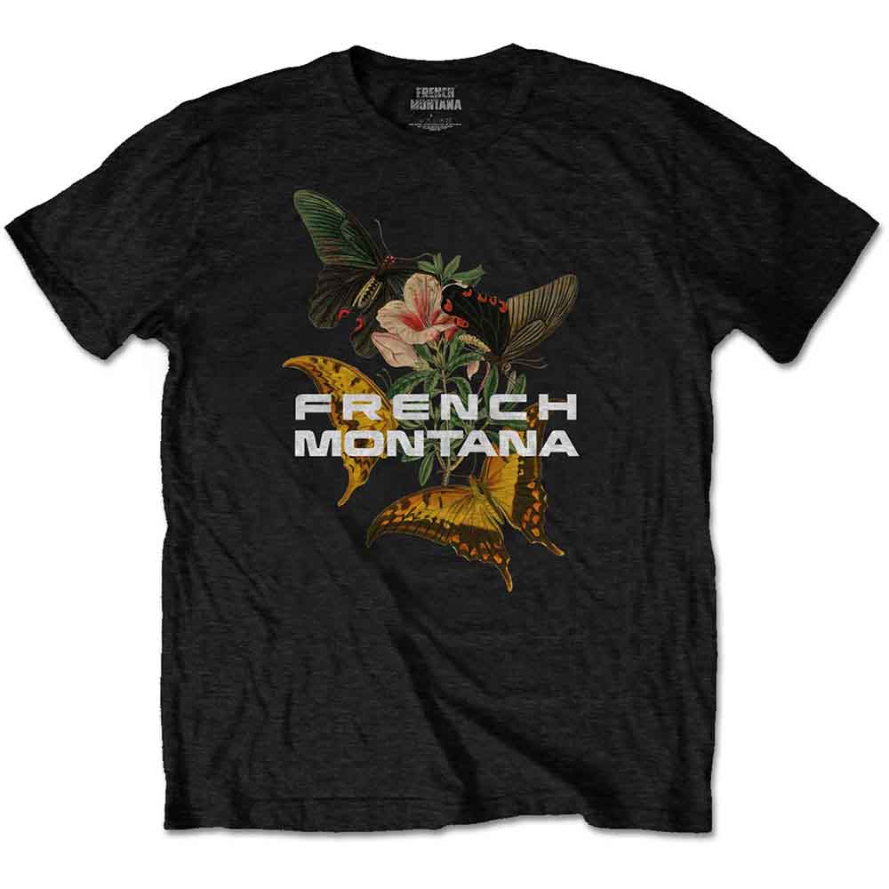 Black t-shirt with a butterfly and floral design, and “French Montana” text.
