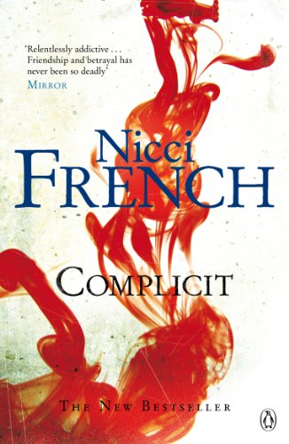 Book cover for Complicit by Nicci French featuring swirling red ink on white background.