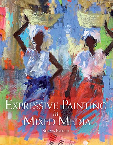 Mixed media painting of two women carrying baskets on their heads against colorful background.