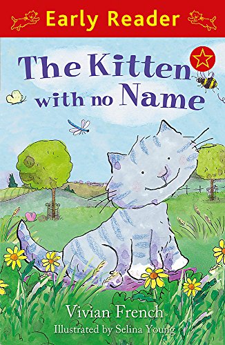 Book cover: grey tabby kitten in a green field with flowers.
