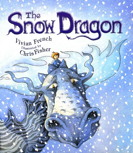 "Blue dragon with a child on its head, surrounded by snowfall, on a children's book cover."