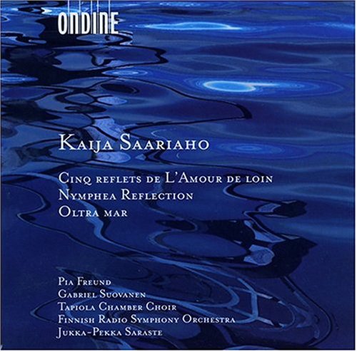 CD cover with abstract blue water reflections and composer Kaija Saariaho’s name.
