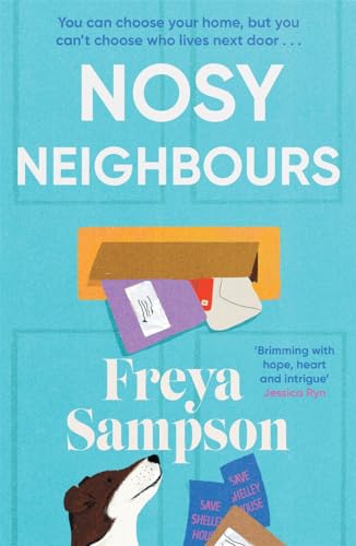 Book cover with blue background, mailbox, dog, and text “Nosy Neighbours”.
