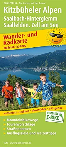 Map cover depicting a mountain landscape and family hiking in the Alps.