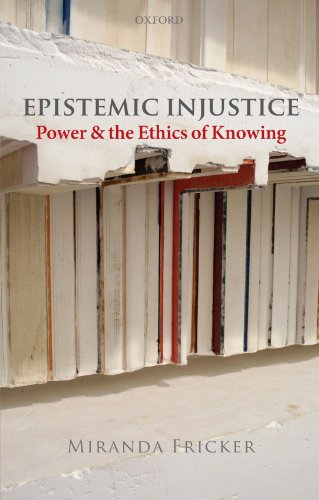 Book cover for Epistemic Injustice by Miranda Fricker featuring a row of white books.