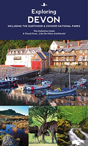 Devon guidebook cover with coastal village, moorland, and wildlife images.