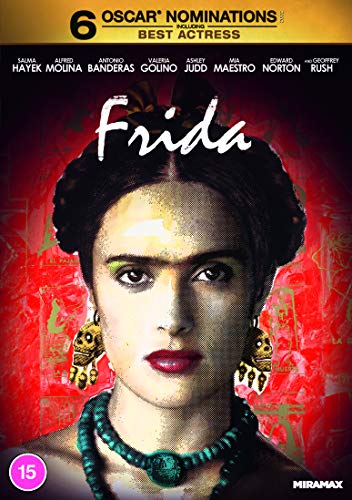 DVD cover for “Frida” featuring a close-up portrait of Salma Hayek as Frida Kahlo.