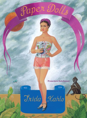 Illustration of Frida Kahlo as a paper doll with a monkey and parrot.