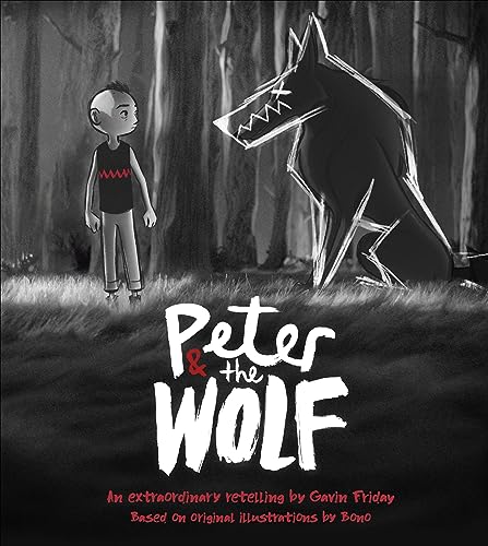 Boy faces a large, stylized wolf in a dark forest scene.