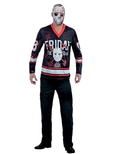 Man wearing black hockey top with "Friday the 13th" graphic.