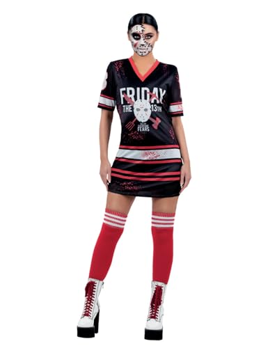 Woman in black and red horror-themed costume with skull face paint and boots.