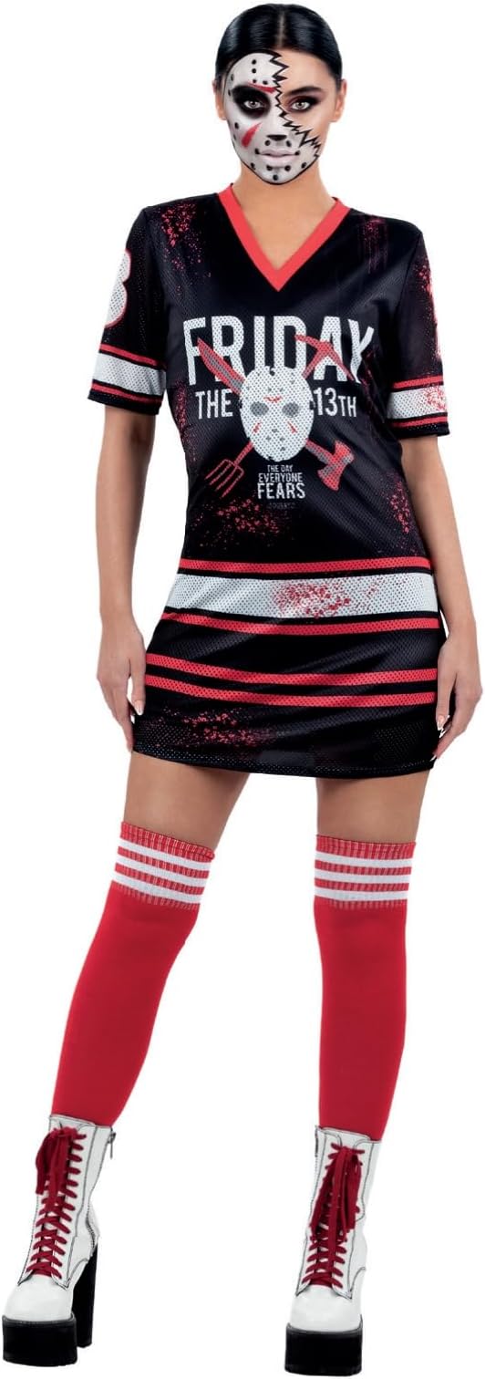 Friday the 13th themed ladies’ costume, short dress and striped socks.