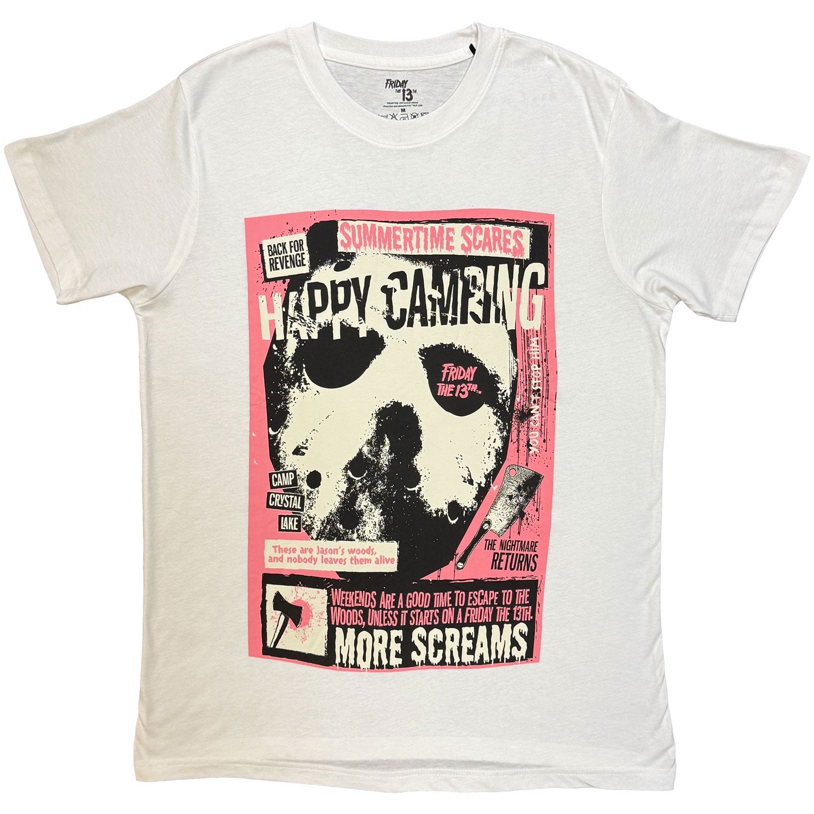 White t-shirt with a "Friday the 13th" horror movie poster design.