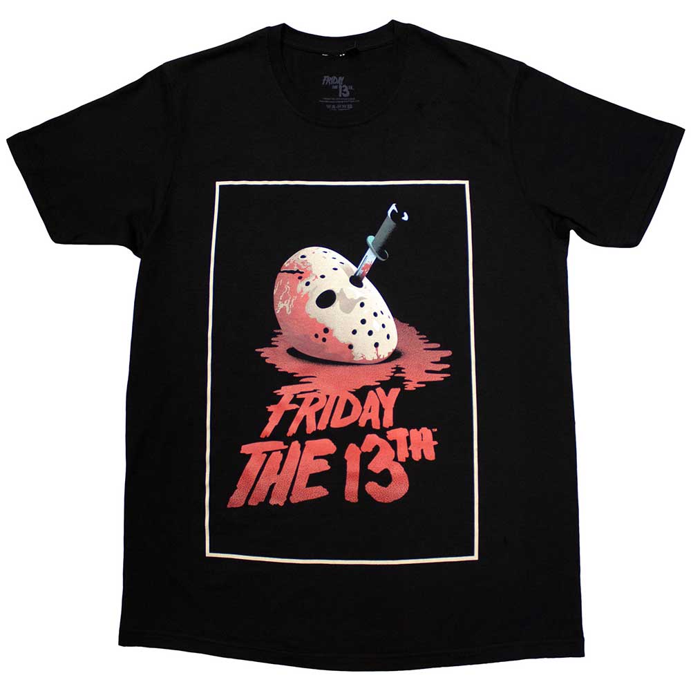 Black t-shirt featuring Jason Voorhees’ hockey mask from Friday the 13th.