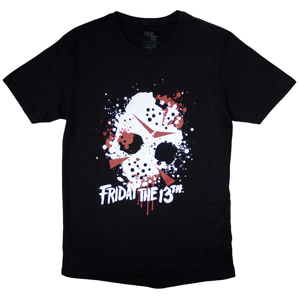 Black t-shirt with a red, stylized blood splatter resembling Jason Voorhees.