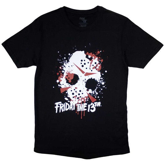 Black t-shirt with a red, stylized blood splatter resembling Jason Voorhees.
