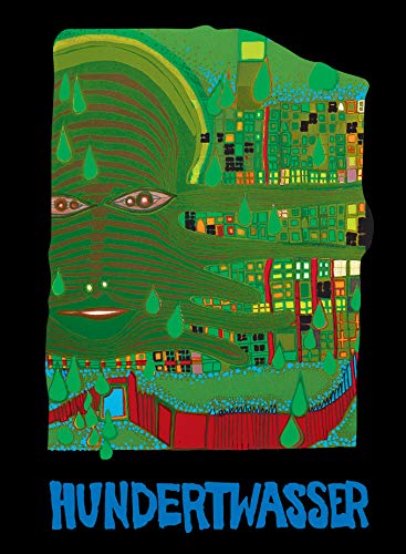 Abstract green face and geometric patterns on black background with blue Hundertwasser text below.