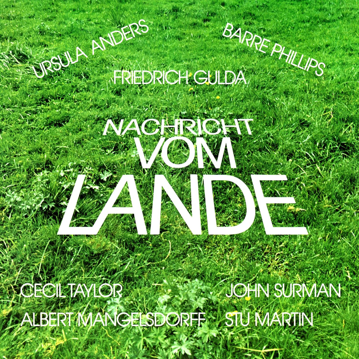 CD cover with white text on a vibrant green grass background.