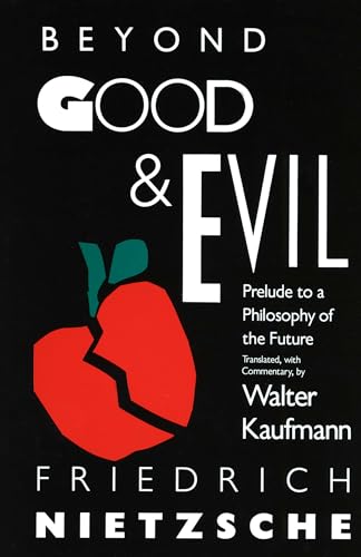 Book cover: "Beyond Good & Evil" by Friedrich Nietzsche, with a red apple.