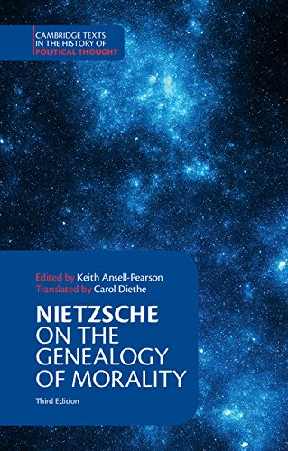 Book cover for Nietzsche's On the Genealogy of Morality against a blue starry background.