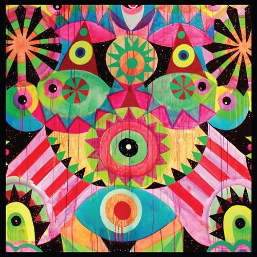 Colorful, abstract album cover with eyes, triangles, and radiating shapes.