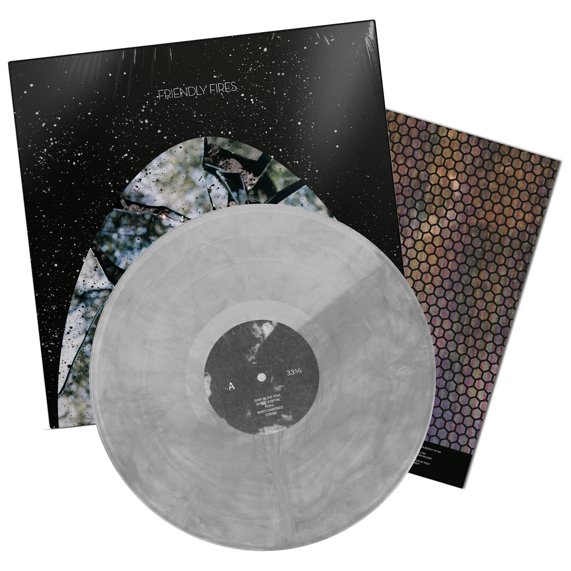 Vinyl record with translucent white disc and speckled dark cover art.