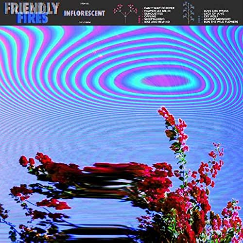 CD cover for Friendly Fires’ “Inflorescent” with flowers and wavy blue design.