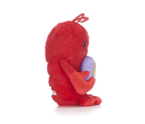 Side view of a red plush lobster toy holding a small purple egg.