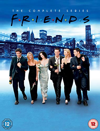 Friends cast in formalwear with the New York City skyline background.