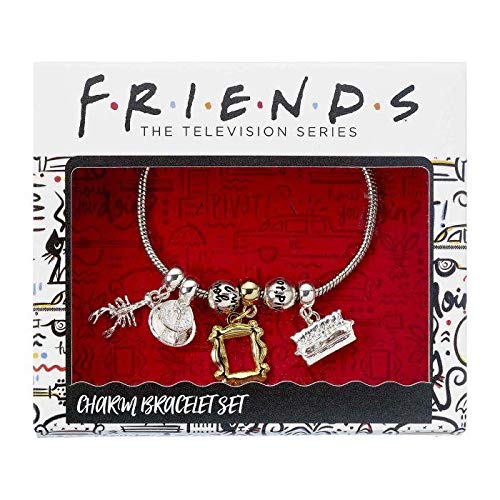 Friends themed silver bracelet with iconic pendants displayed in packaging.