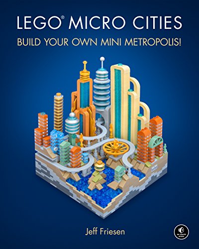 Isometric LEGO cityscape with colorful buildings and winding roads.