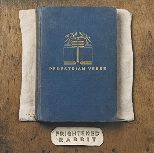 Blue vinyl record of Frightened Rabbit’s “Pedestrian Verse” album, book-shaped cover.