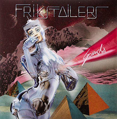 A chrome robot figure stands before a space landscape with pyramids and text.