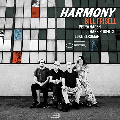 Album cover for Harmony by Bill Frisell featuring four musicians before a grid window.