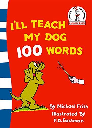 Book cover: dog sitting, learning with a pointer, red and blue design.