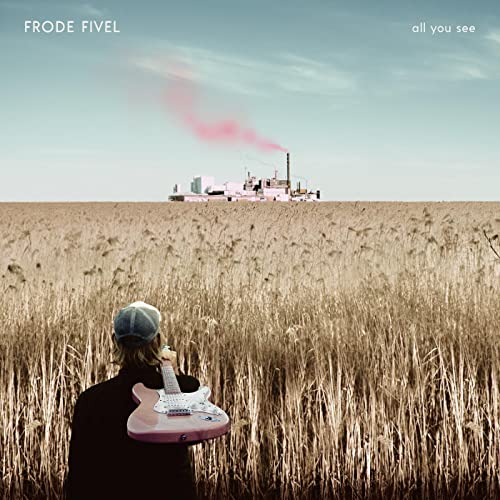 Album cover: field, ship, person with guitar, pink smoke.