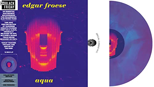 Froese Edgar’s “Aqua” vinyl record: blue and orange marbled disc, album cover.