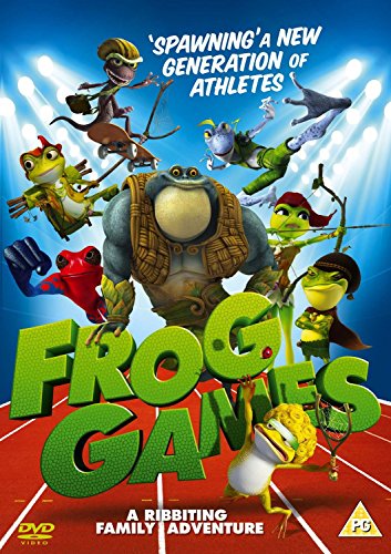 Colorful animated frogs in athletic poses on a track, with bold green "Frog Games" title.