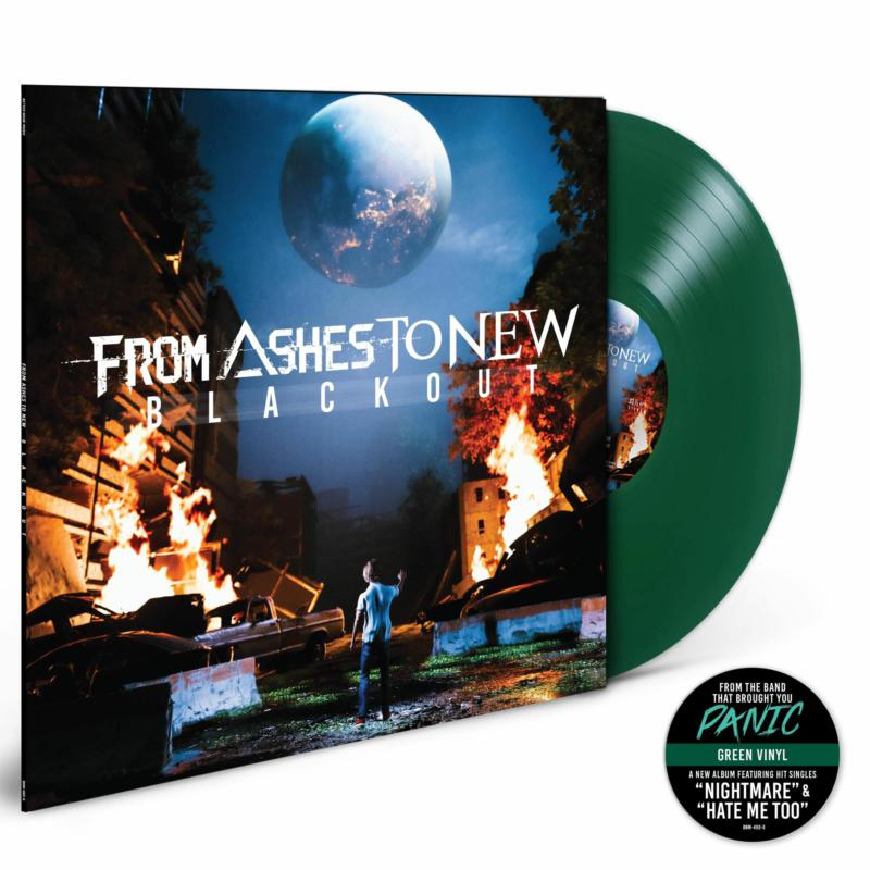 VinylLp vinyl record with green disc and album cover showing a burning city.
